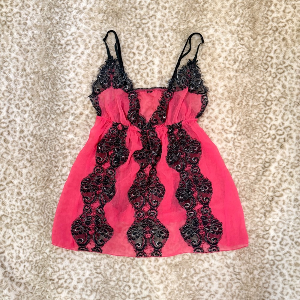 Hot Pink Sheer Black Lace Babydoll Top Coquette Goth Mesh Cami Small
